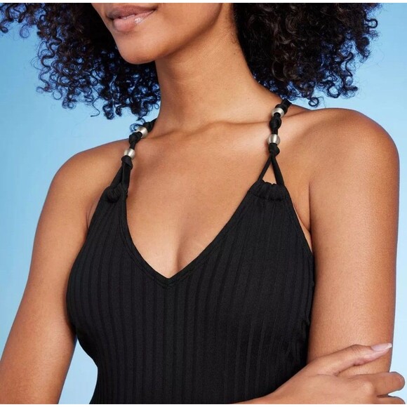 NWT Shade & Shore Black Ribbed Bead Knot Detail One Piece Swimsuit - Picture 3 of 3